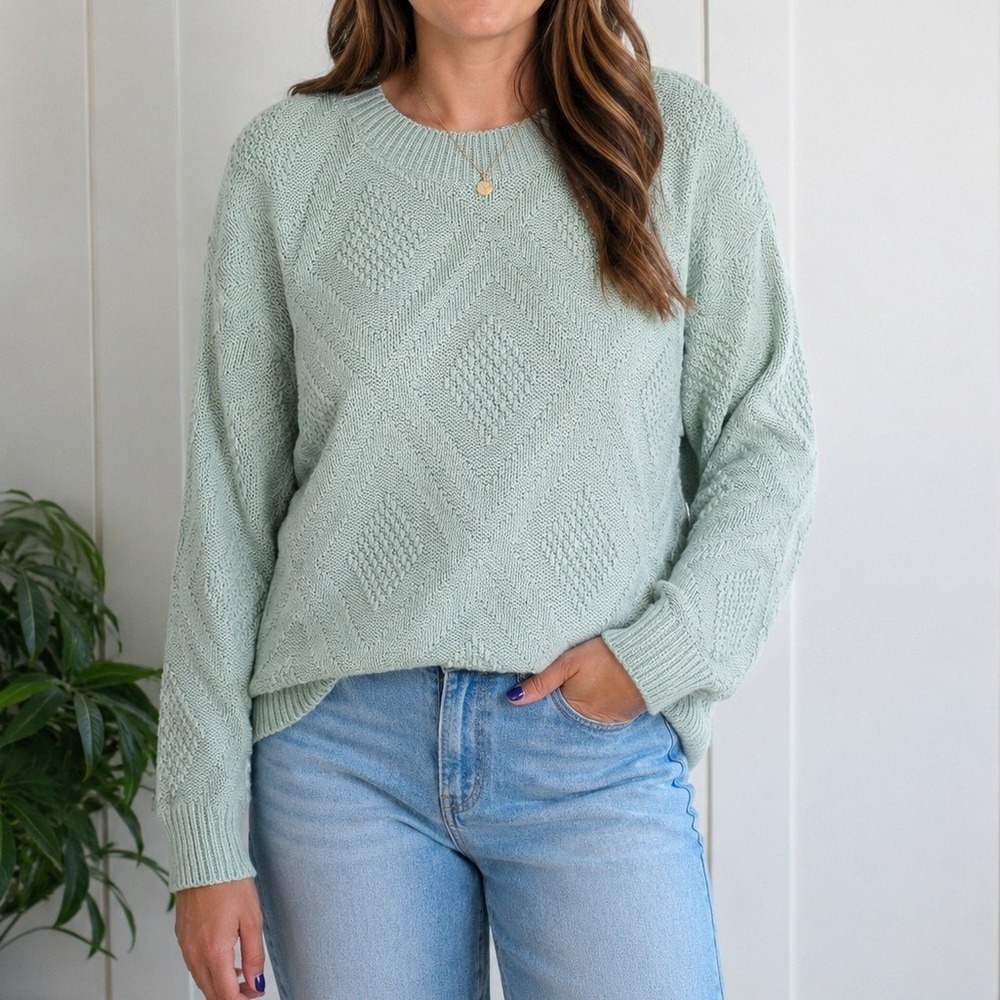 Cottagecore Coastal Grandmacore Knit Sweater Mint Green Cotton Twee Women Large